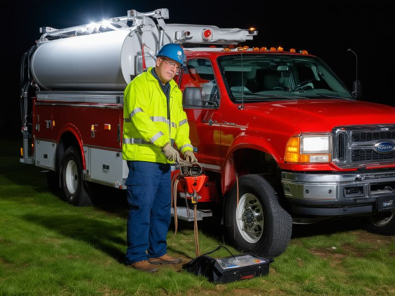 Emergency septic service technician working at night with truck lights