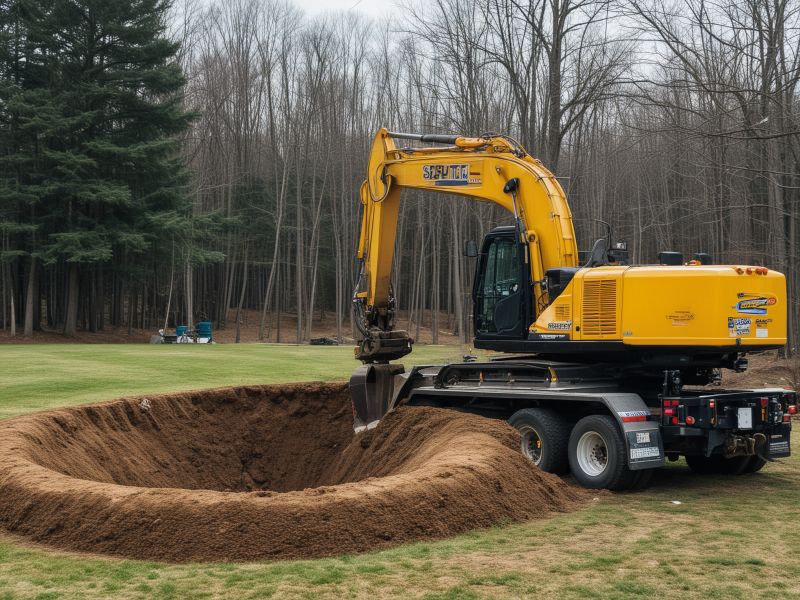 Professional septic system installation with excavation equipment