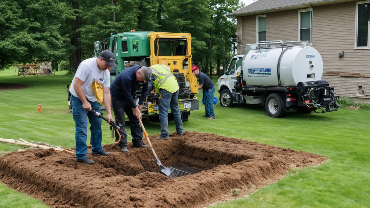 Septic installation team working with professional equipment